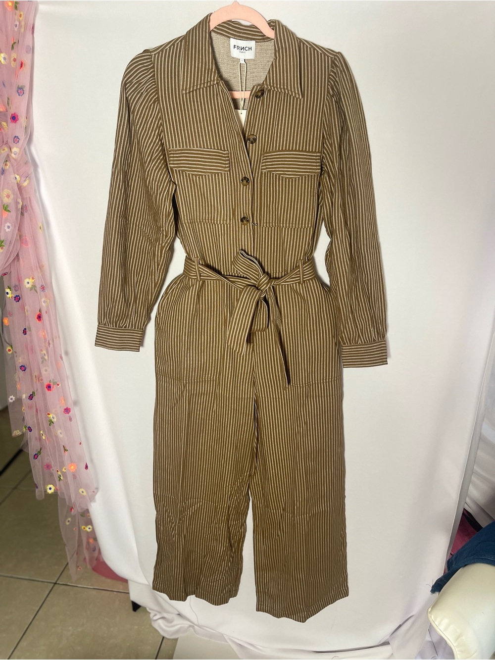 FRNCH Olive Striped Utility Jumpsuit